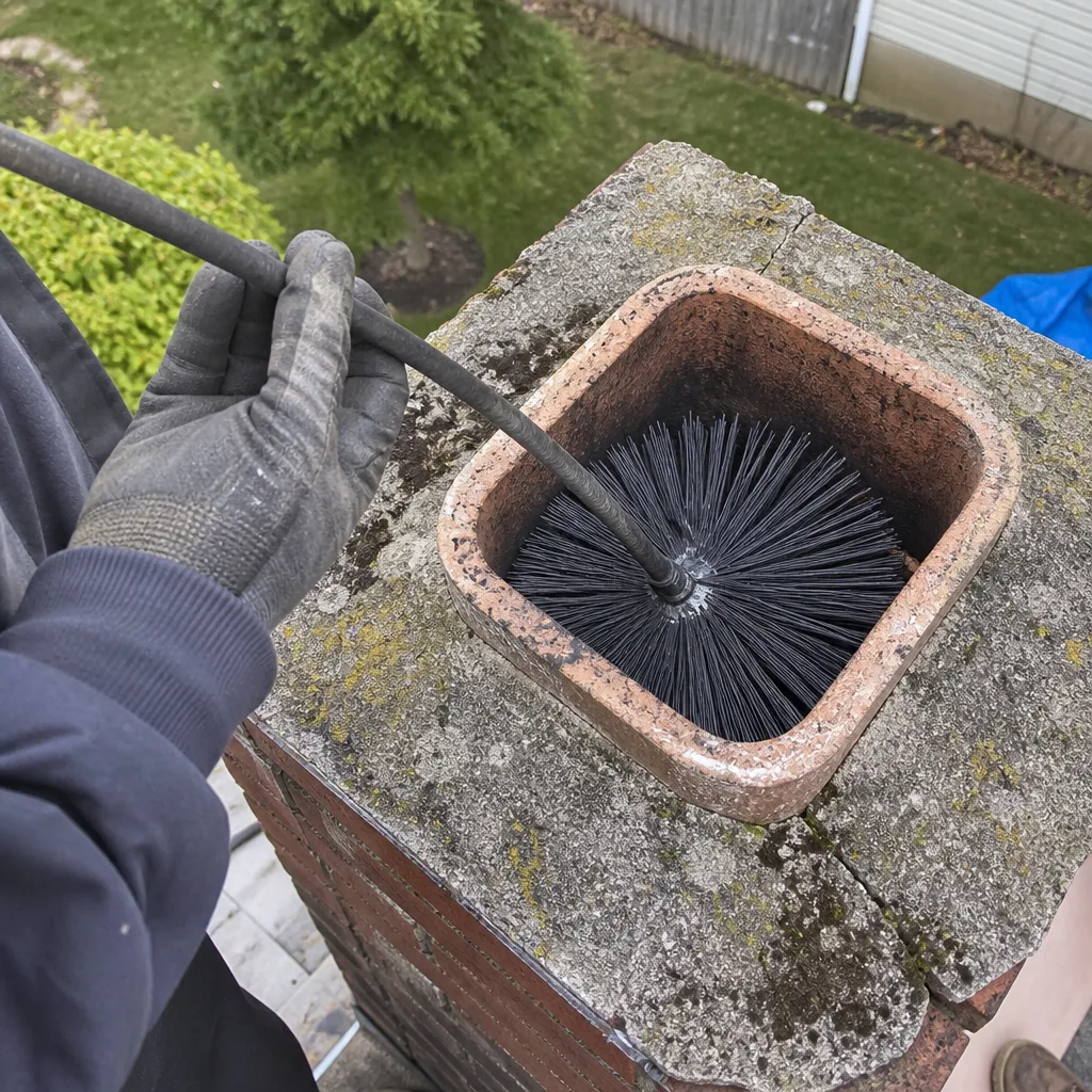 professional chimney sweep using a brush to clean a brick chimney