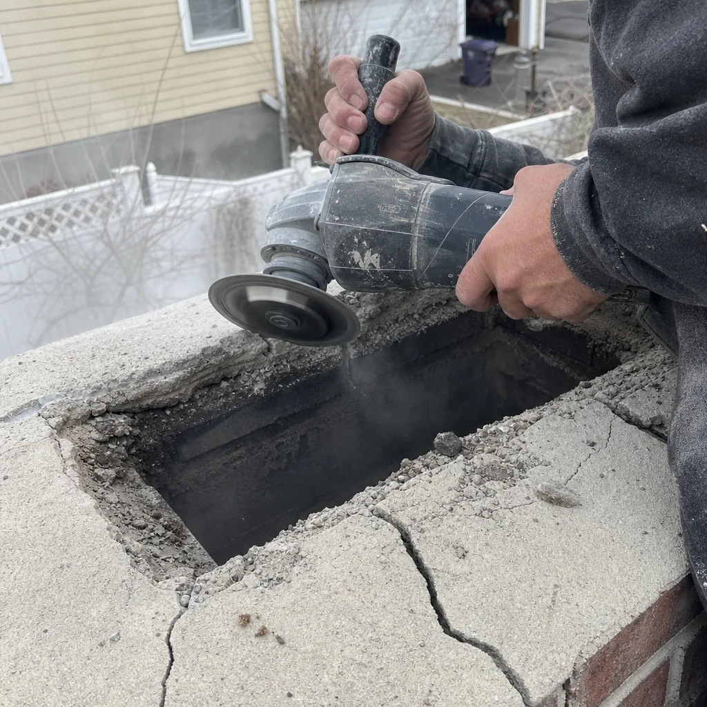 Professional using an angle grinder to repair a cracked concrete chimney crown
