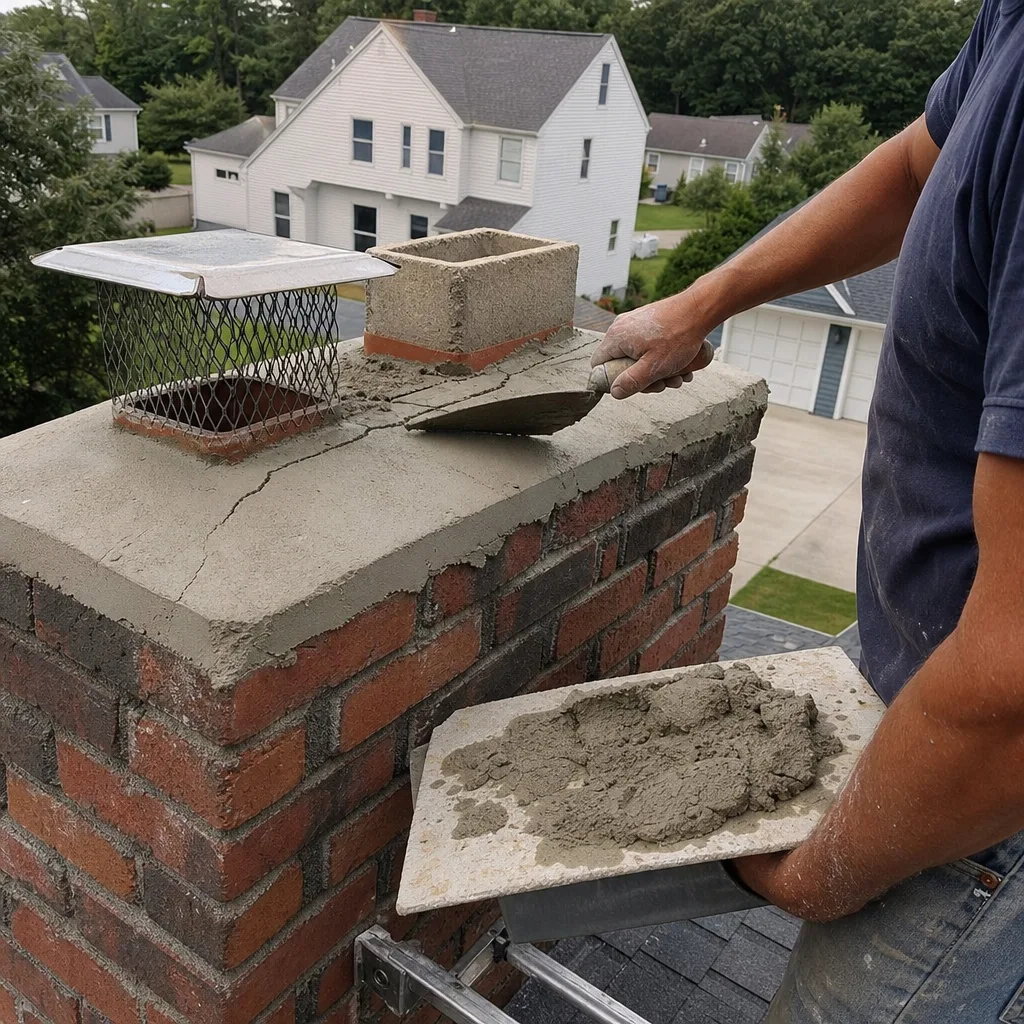 Professional mason repairing a cracked brick chimney crown with mortar.