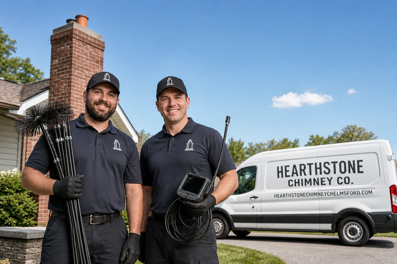 Hearthstone Chimney Co. chimney cleaning service vehicle and crew in Chelmsford, MA